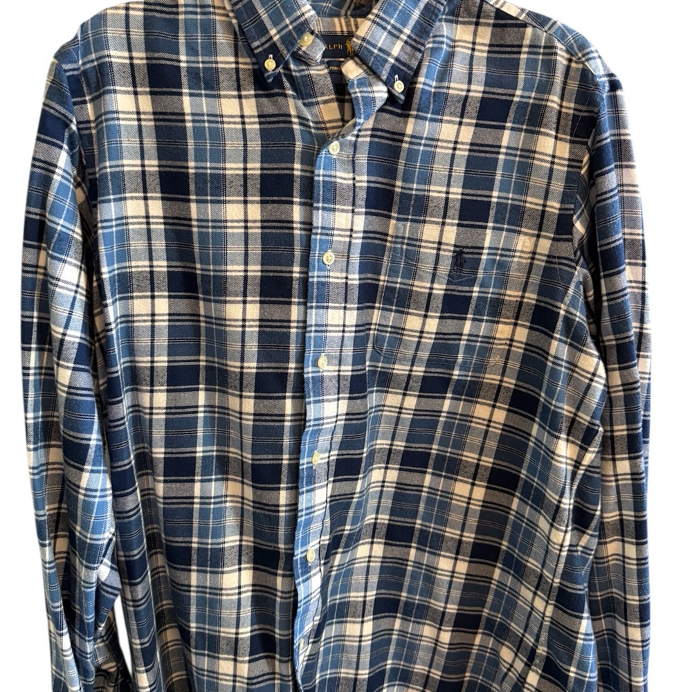 Ralph Lauren Navy and Beige Plaid Cotten flannel Shirt. Sz lg